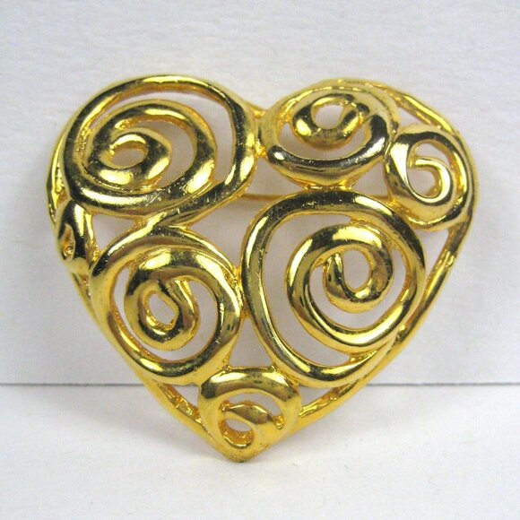 Heart Goldtone Brooch Pin Women Love Swirls Spirals Filigree Modern - Picture 1 of 4
